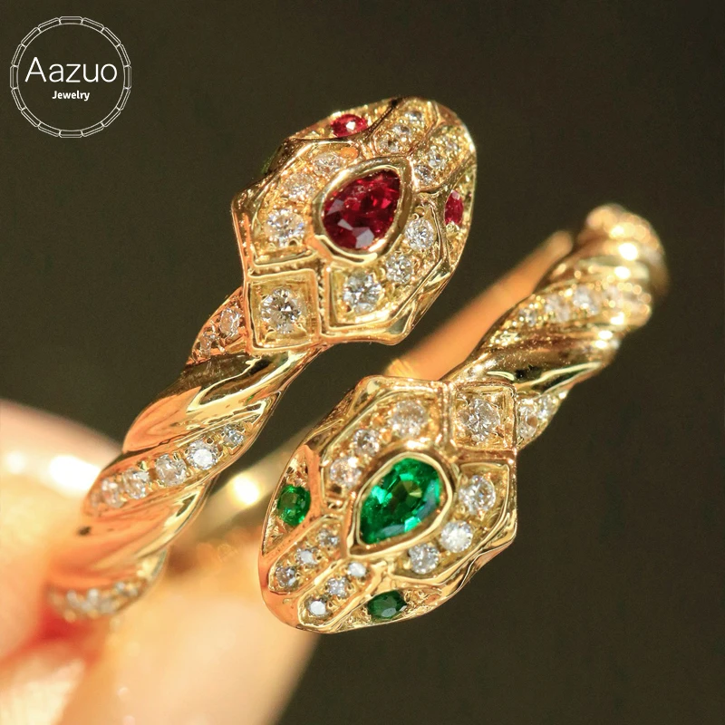 Aazuo 100% 18K Solid Yellow Gold Natrual Sapphires Real Diamonds Snake Ring Gifted For Woman Wedding Day Deluxe Banquet Party