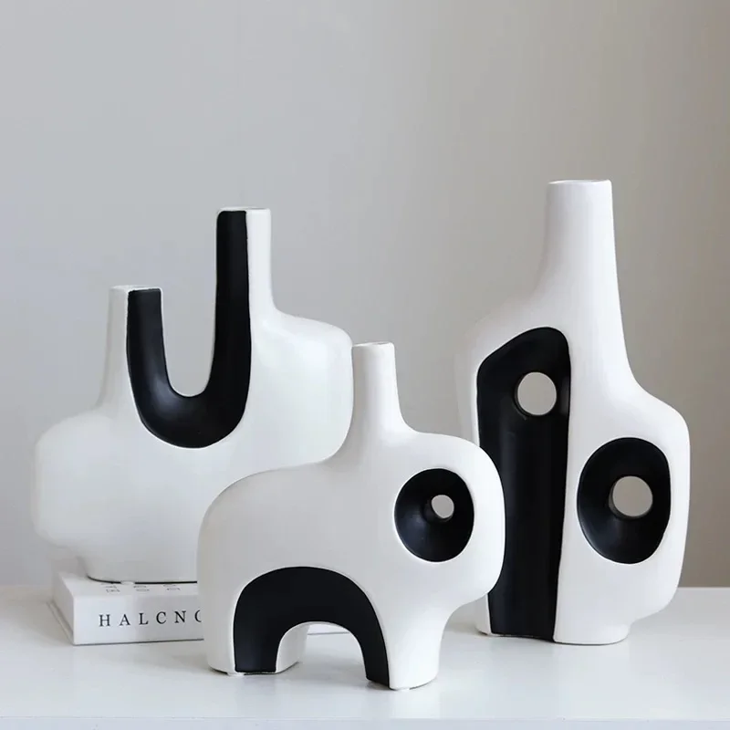 Ceramic Vase Black and White Geometric Abstraction Flower Arrangement Accessories Modern Home Decoration Handicraft