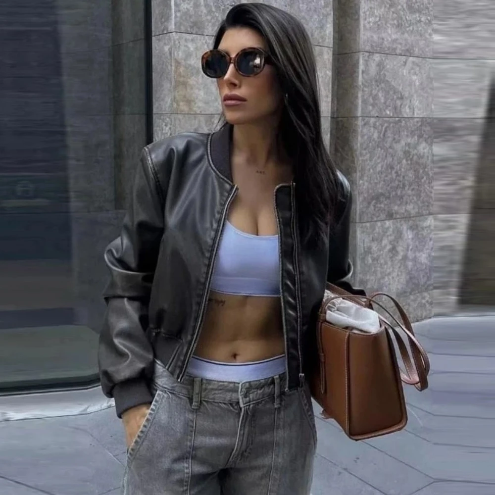 

Oligai, осенняя куртка из искусственной кожи, женская модная теплая короткая куртка-бомбер 2025 года, женское пальто на молнии с длинными рукавами, верхняя одежда