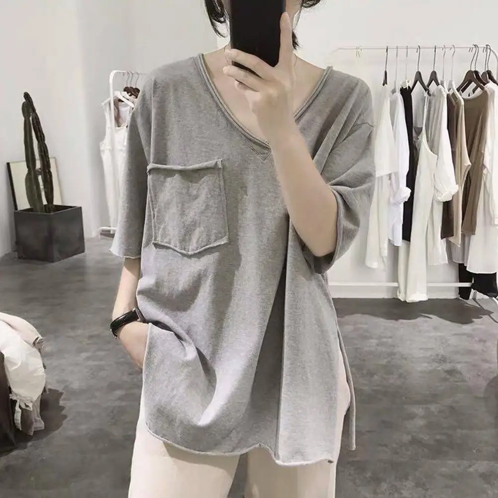 Women Shirt Stylish Summer V-neck Tee Shirt with Patch Pocket Side Split Hem for Women Loose Fit Stretchy Pullover Top Solid