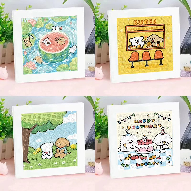 

MINISO Cartoon Crystal Diamond Handmade DIY Paste Painting Kawaii Line Puppy with Frame Decoration Painting Desktop Ornament