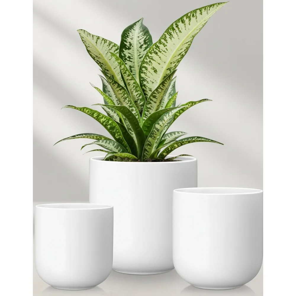 

Ceramic Plant Pots Set of 3, 4+5+6 inches with Drainage Holes, Modern Indoor Flower Planters for Home Decor, White