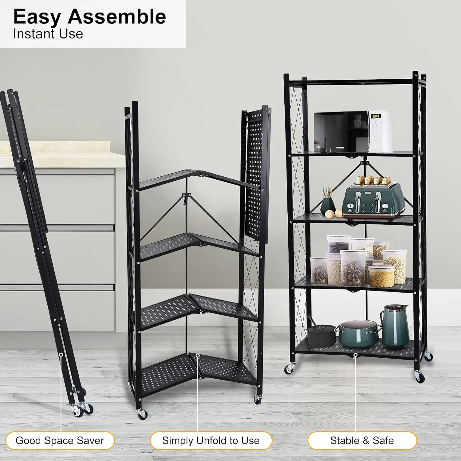 5 Tier Foldable Shelf Collapsible Storage Rack Metal Shelves for Storage Pantry Garage Kitchen