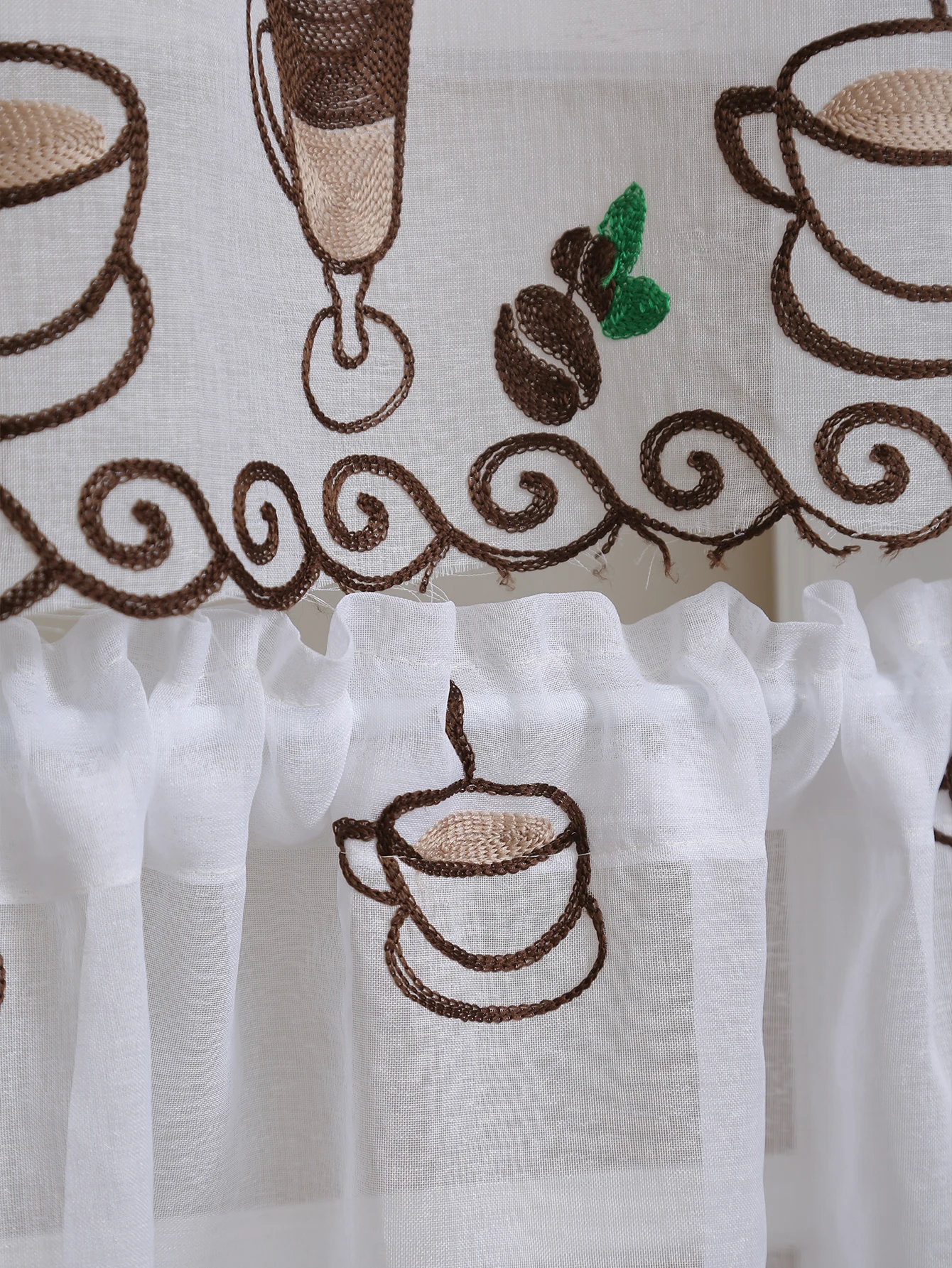 1PC Coffee Bean Embroidery Short Curtain, Coffee Shop Living Room Tulle Window Decorative Short Curtains Small Curtains