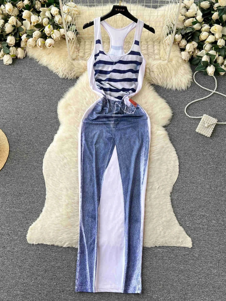 Mode Frauen Sommer Tank Kleid lässig Streetwear Retro-Stil gestreift gedruckt o Hals ärmellose schlanke figur betonte Maxi kleid Outfits