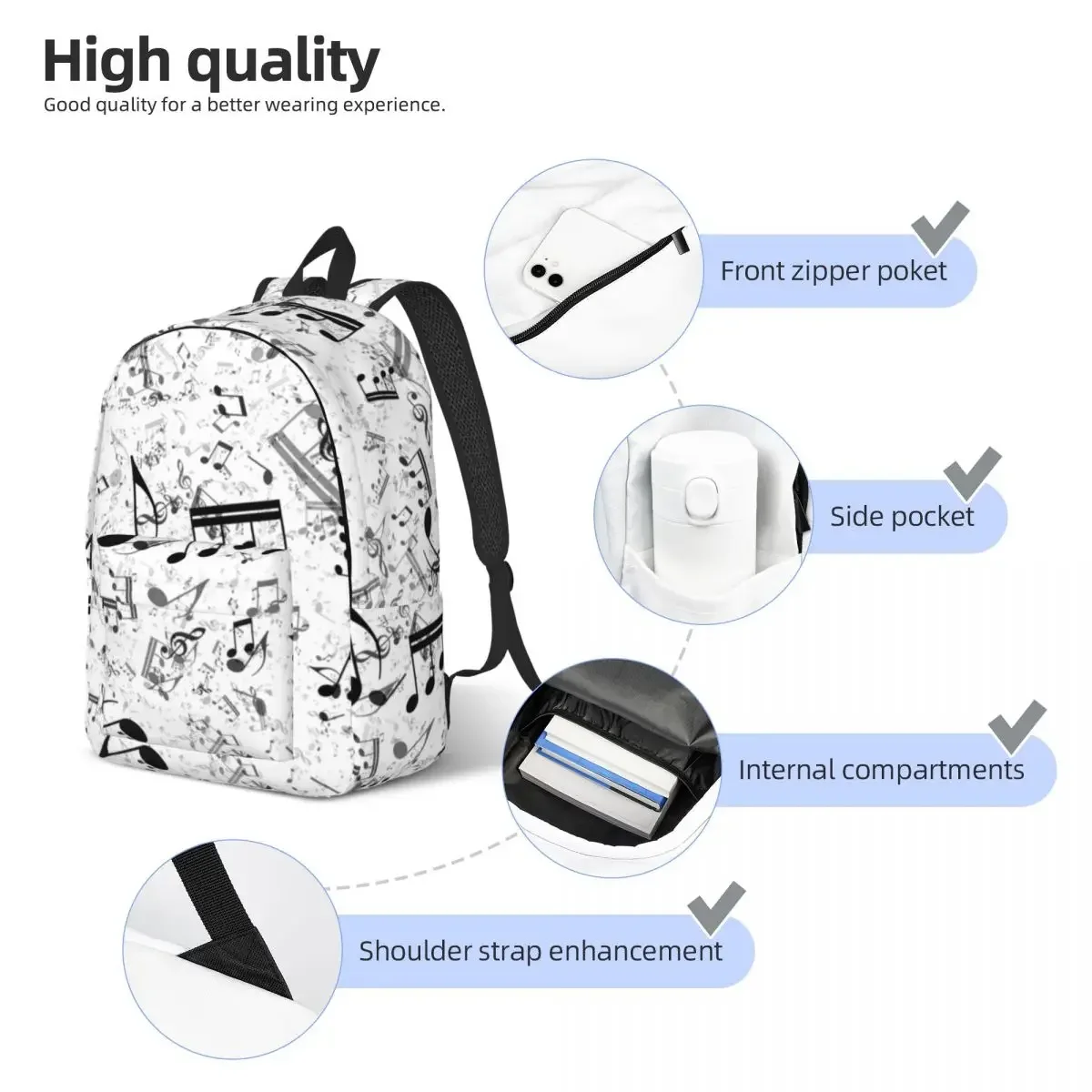 Mochila de notas musicales en blanco y negro para niños y niñas, mochila escolar para estudiantes, mochila de día de partituras, bolsa primaria de jardín de infantes