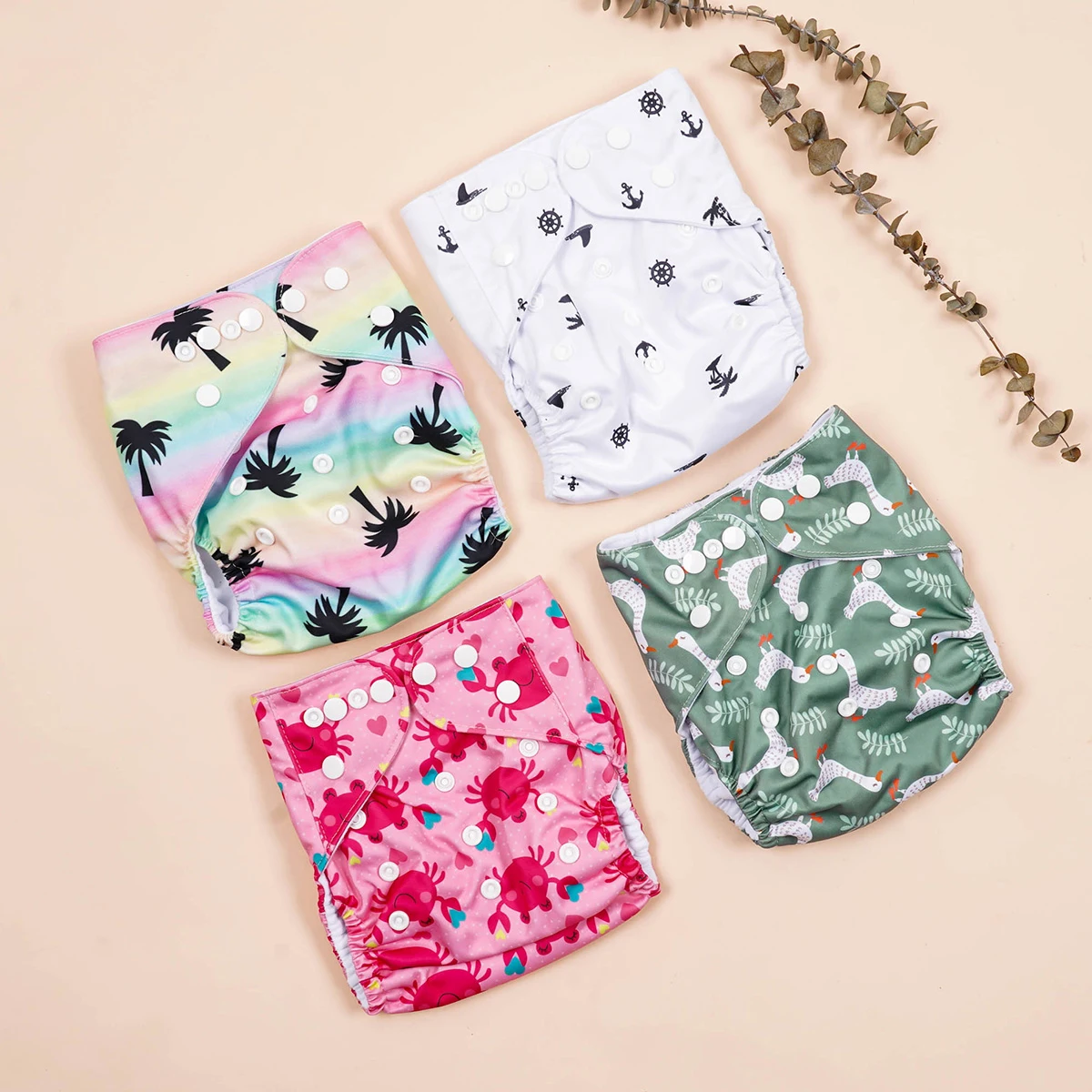 HappyFlute 4pcs/set Skincare And Reusable  Diapers Washable Cute Print Cloth Diaper For 3-15kg Baby