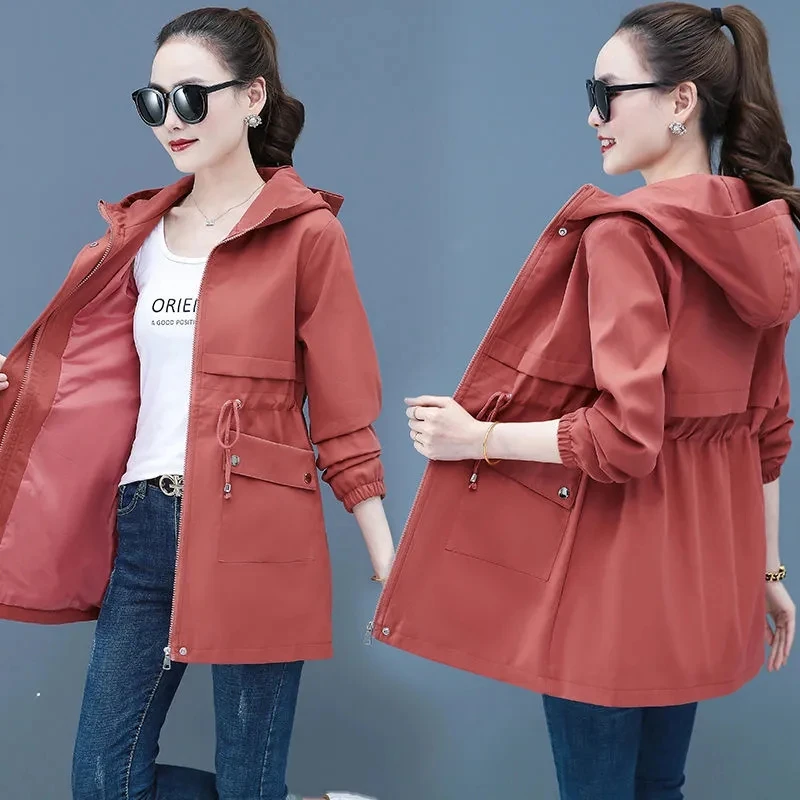 2023 New Spring Autumn Women Jackets Hooded Windbreaker Basic Coat Long Coats Lightweight Outerwear Famale Cardigan Clothing