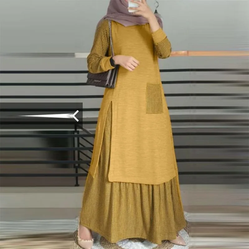 2024 Islam Abaya Dress Temperament Solid Color Pullover Long sleeved Robe Femme Muselmane Round Neck Large Swing Women\'s Dress