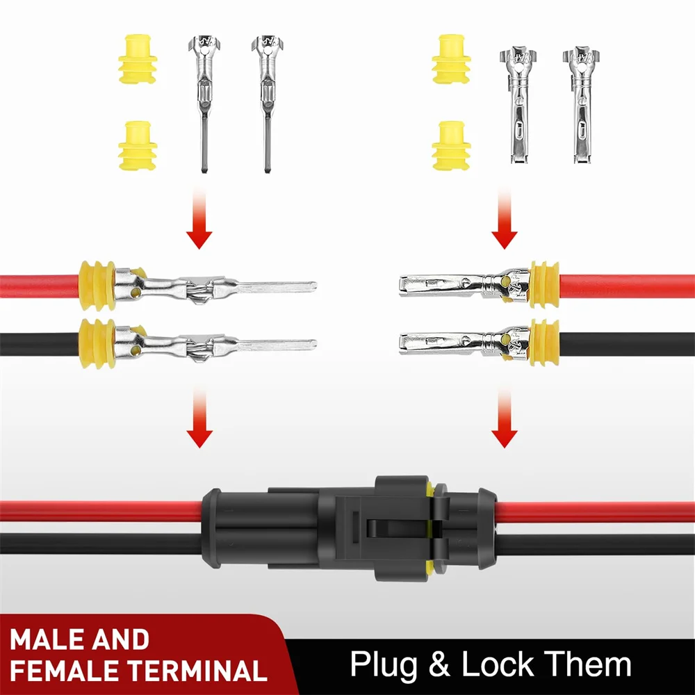 200PCS 2 Pin Electrical Connector ‎Plug Male Female Terminal Wire Waterproof Connectors 2 Way Automotive Connect Set for Car Boa