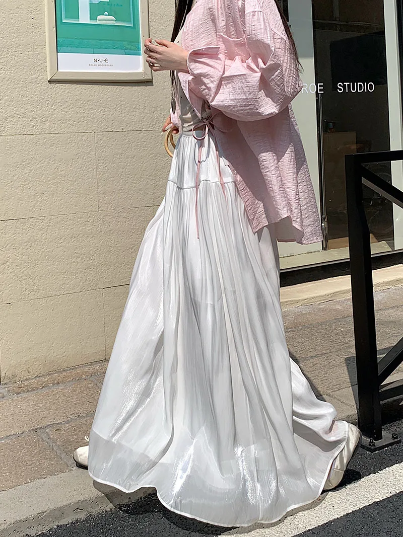 

Elegant New Flash Silk Splicing High Waist Thin Swing A-line Long Maxi Slim Skirt Boho Beach Streetwear Spring Summer