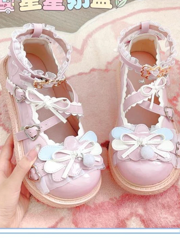 Summer Lolita Sweet Sandals Women Japanese Bow Kawaii Chic Mary Janes Shoes Female Preppy Style Lace-up Round Toe Shoes 2024