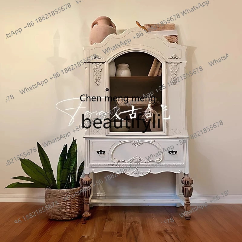 

French solid wood retro wall wine cabinet high cabinet European American carved storage decorative cabinet