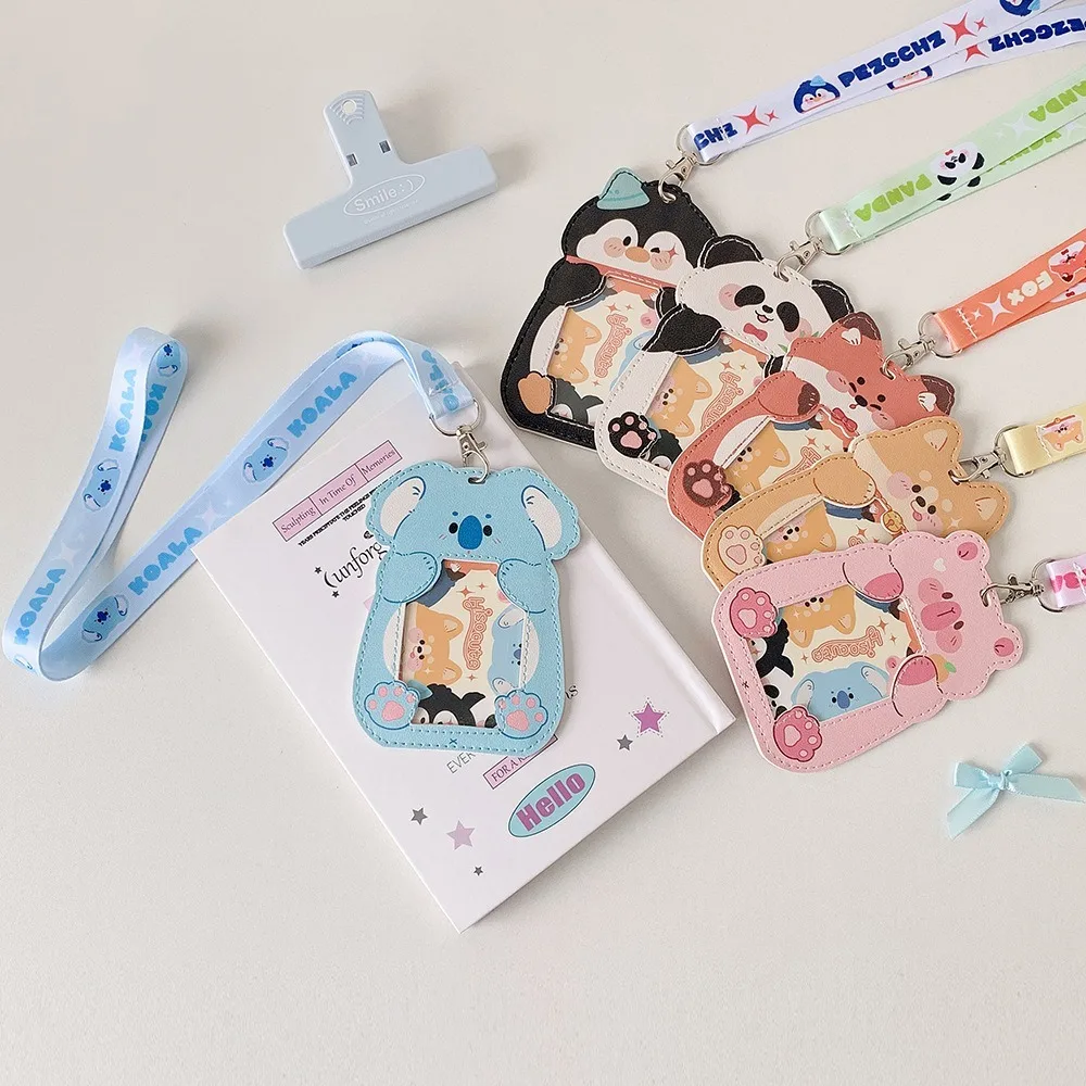 Nuovo porta carte per animali dei cartoni animati con porta badge con cordino Portafoto Porta carte per autobus per bambini in pelle PU impermeabile