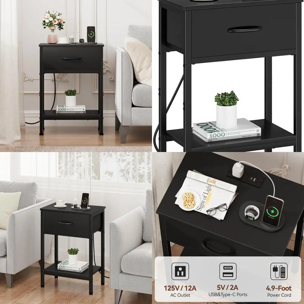 

Black Charging Station Nightstand, Fabric Drawer End Table, 2-Tier Small Side Table, 25.4 Tall Bedroom/Living Room Nightstand