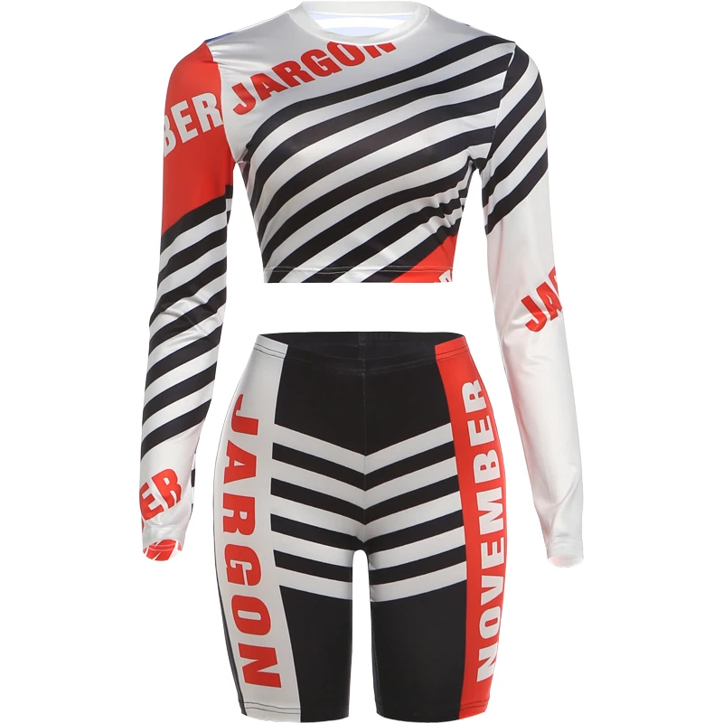 AliExpress kliou Kliou Stripe Patchwork 2 Piece Set Woman Letter Print o-Neck Full Sleeve Crop Tops+Bike Tops High Street Fashion Style Outfits
