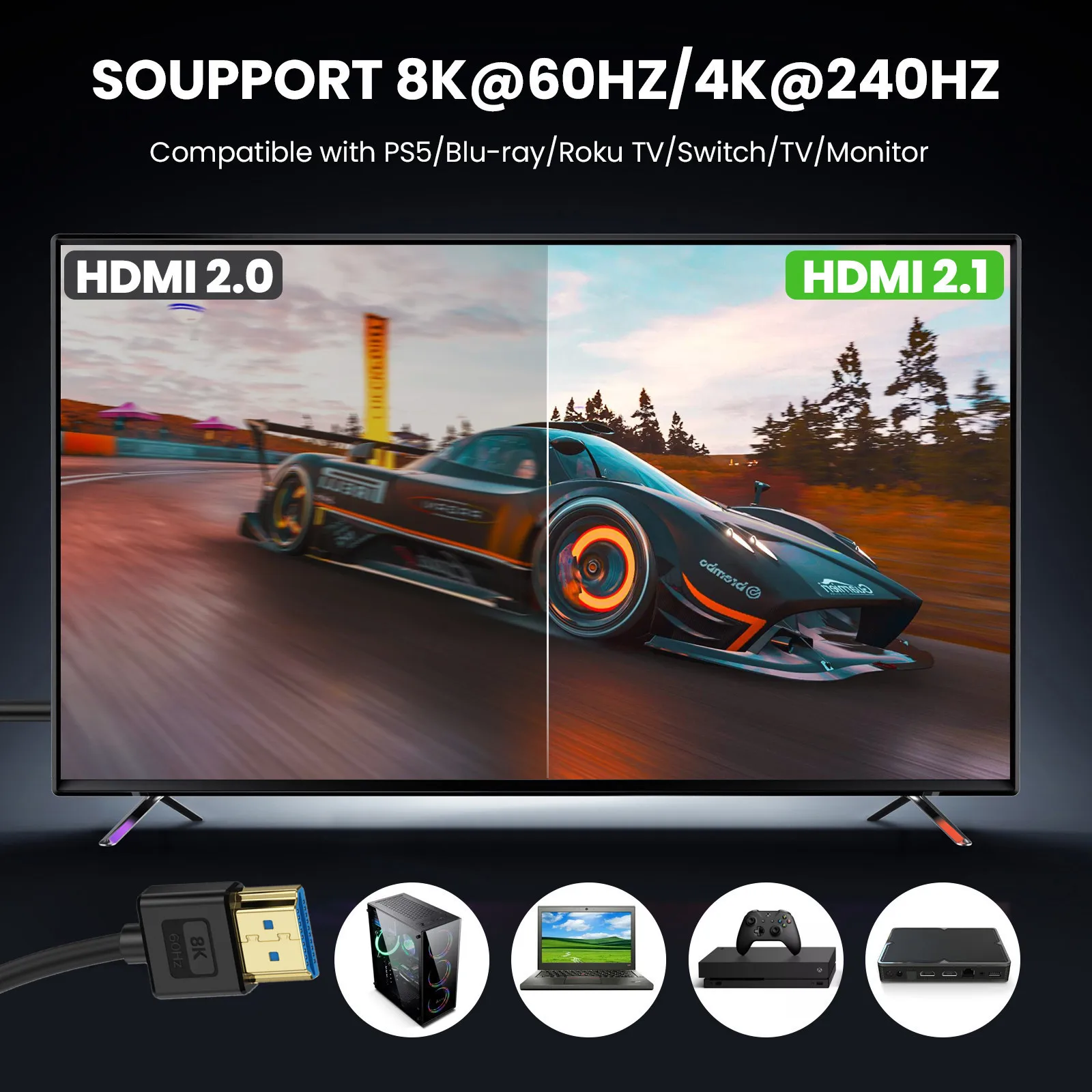 كابل HDMI 8K @ 60 هرتز متوافق مع HDMI 2.1 فولت، سلك HDMI عالي السرعة للغاية 48 جيجابت في الثانية يدعم 4K@120 هرتز eARC HDR10 HDCP 2.2&2.3