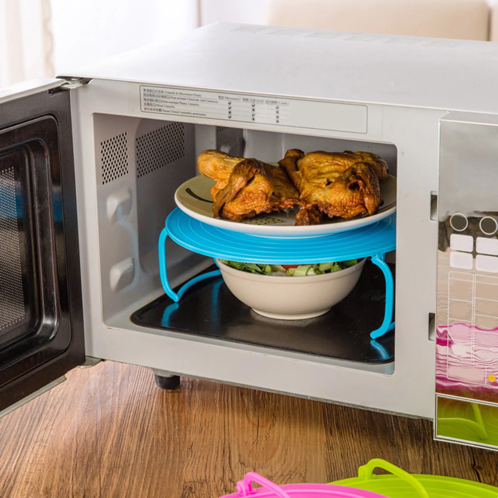Microwave Stacker Tray Rack 2-Tier PP Plate Foldable Handle Steamer Stand Kitchen Saver