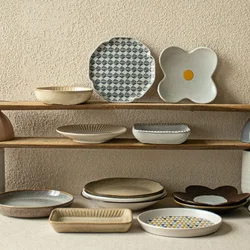 Fresh Exquisite Underglaze Color Dish Creative Retro Round Ceramic Dishes Plates Cake Dessert Household Kitchen Supplie