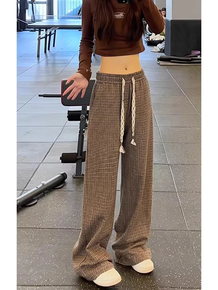 

Винтажные клетчатые прямые брюки, мужские осенне-весенние широкие брюки цвета хаки, повседневные длинные брюки, модные молодежные брюки