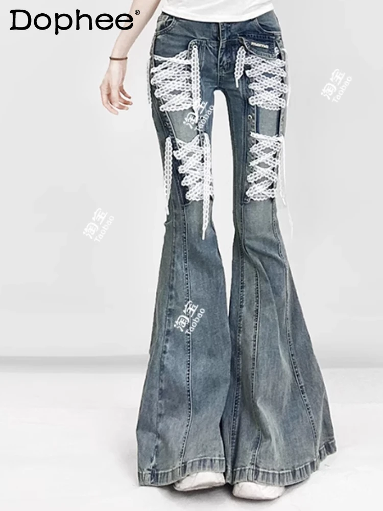 American Retro Lace-up Micro-horn Denim Trousers Slim-fitting Spice Girl Design Sense Splicing Floor-mopping Trousers Women