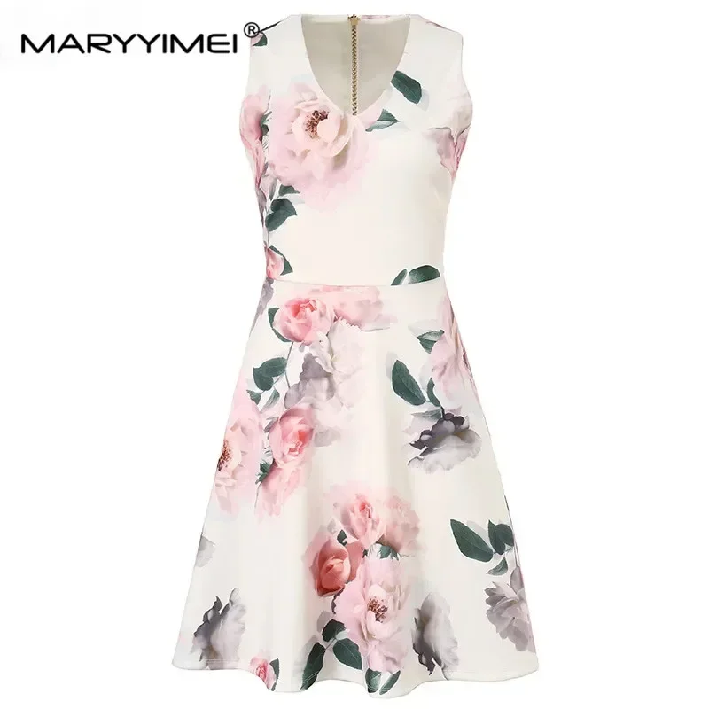 MARYYIMEI Designer Verão Tanque Vestido Curto Feminino Elegante Flor Estampa Vestidos Fino Vestdios