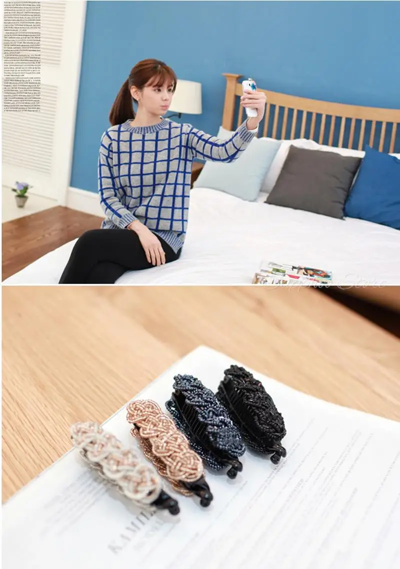 Korea Kristall Perlen Edition Kleine Haarnadel Banane Clip 8cm Vertikale Clip Twist Clip Schachtelhalm Clip Schachtelhalm Schnalle 4 Farben – Detail 7
