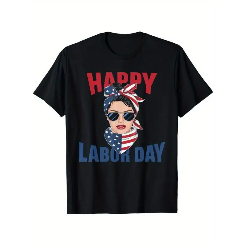 

Happy Labor Day T-Shirt, Patriotic USA Flag Bandana Woman Graphic Tee, Unisex American Pride National Holiday Gift Top