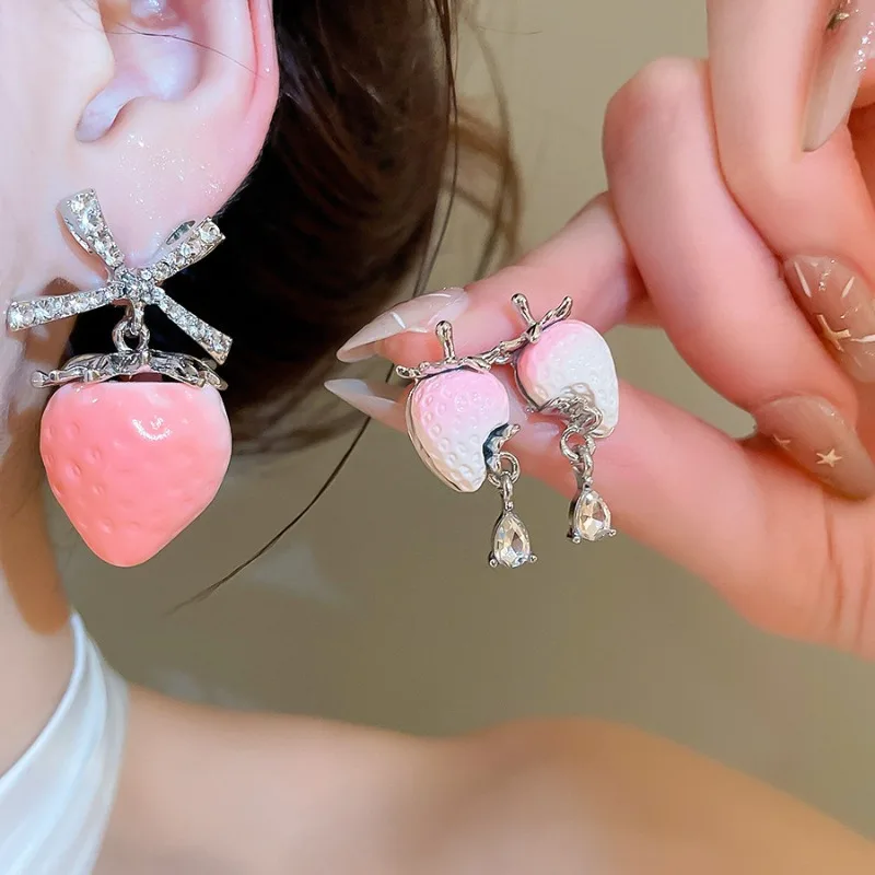 Minar Sweet Pink Farbverlauf-Ohrringe aus Kunstharz mit Strass, Kirsche, Schleife und Quaste für Damen, Party- und Urlaubsschmuck