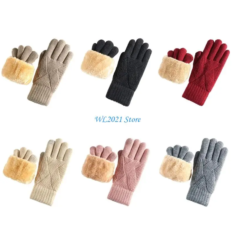 

G5GC Winter Knit Gloves Double Layer Fleece Lining Soft Warmth For Hiking Skiing