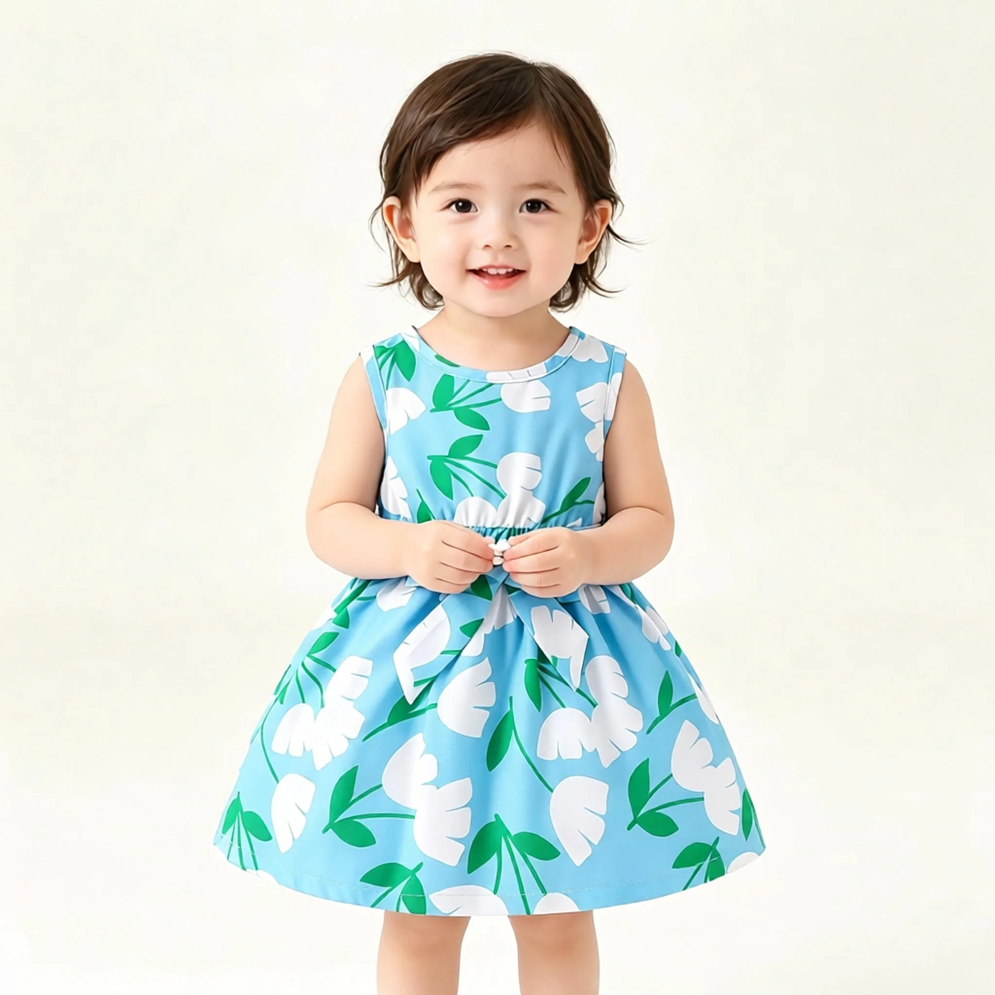 Baby Girl Summer Fashion Dress with Cute Flower Full Body Print Belt Tie Bow Decorative Vest Casual Outfit for Toddlers