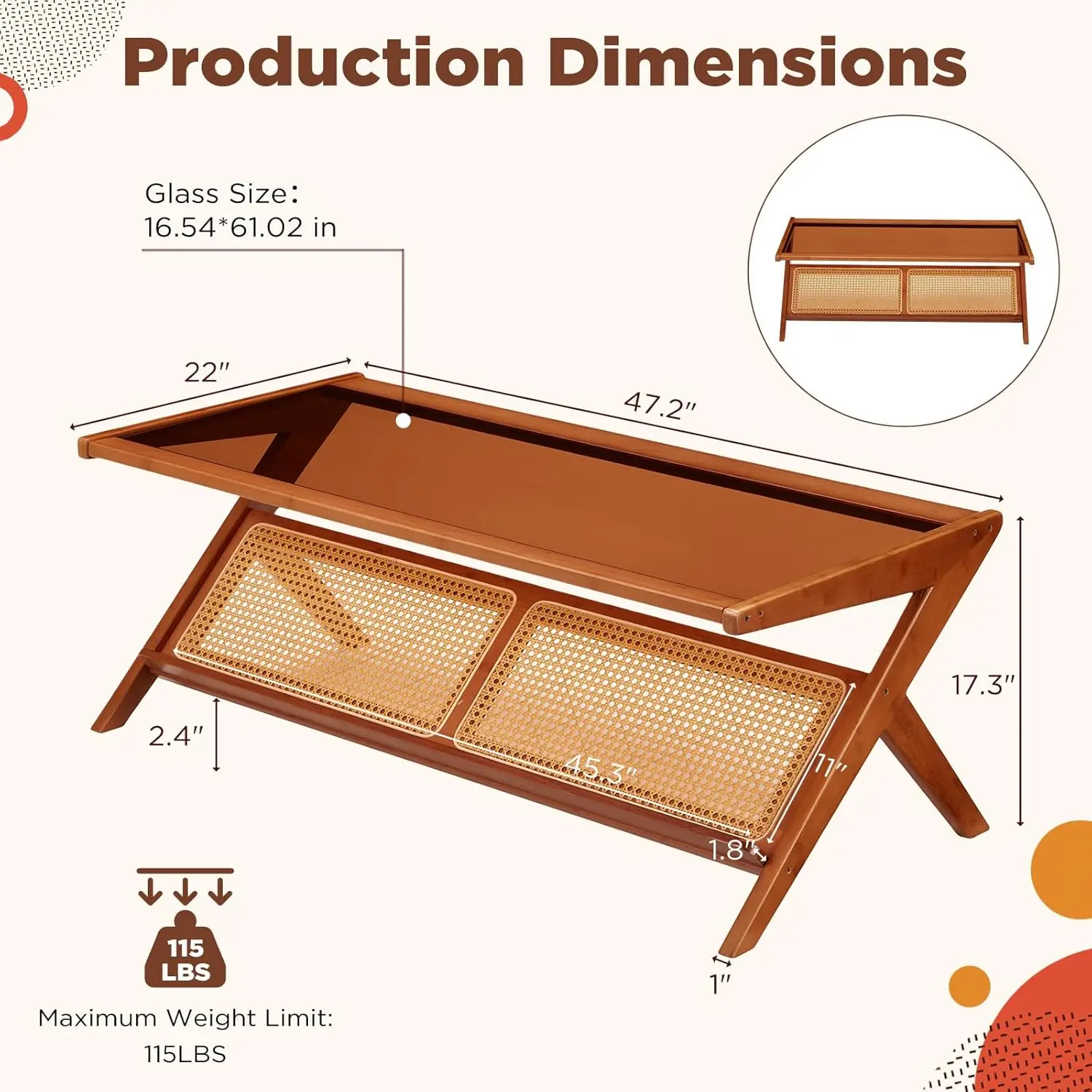 طاولة قهوة حديثة من منتصف القرن مقاس 47 بوصة مع سطح زجاجي، وطاولات بجانب السرير مصنوعة من الخيزران، وطاولة جانبية منضدة زجاجية وخشبية بوهو #2