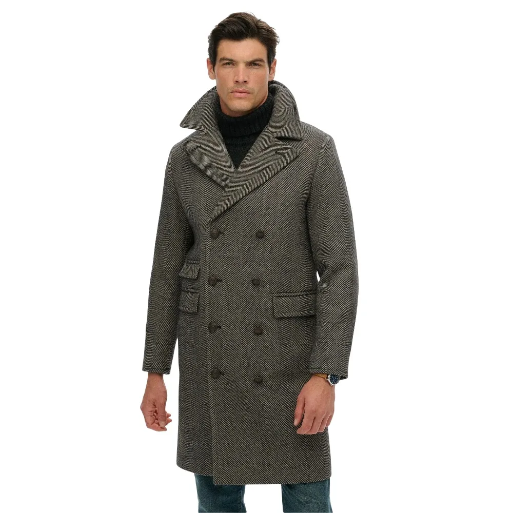 Classic Grey Herringbone Tweed Double-Breasted Overcoat with Wide Collar and Leather Detail Men Long Coat Customized E26108