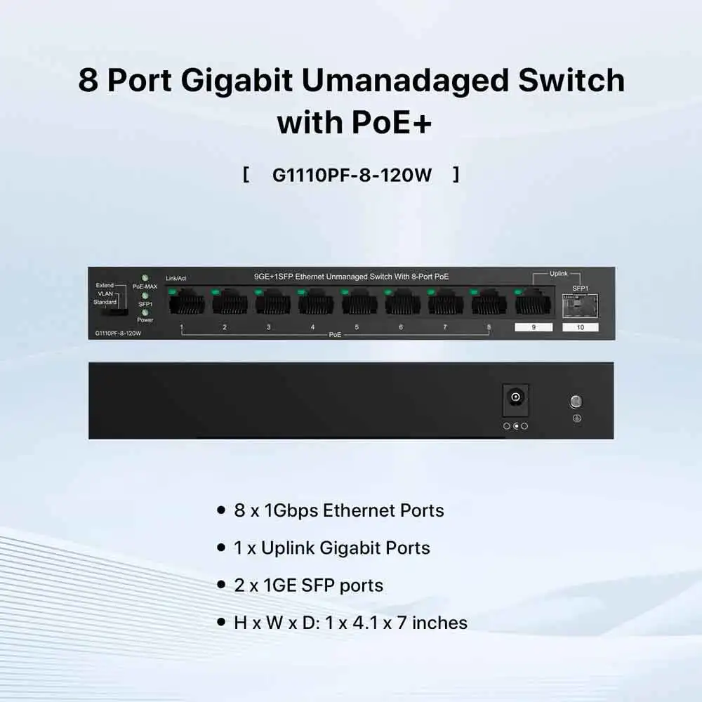 IPCOM G1110PF-8-120W Unmanaged PoE Switch with 8 Port PoE+@120W 8 Port Gigabit PoE Compatible with IEEE 802.3af/at Devices 1 SFP