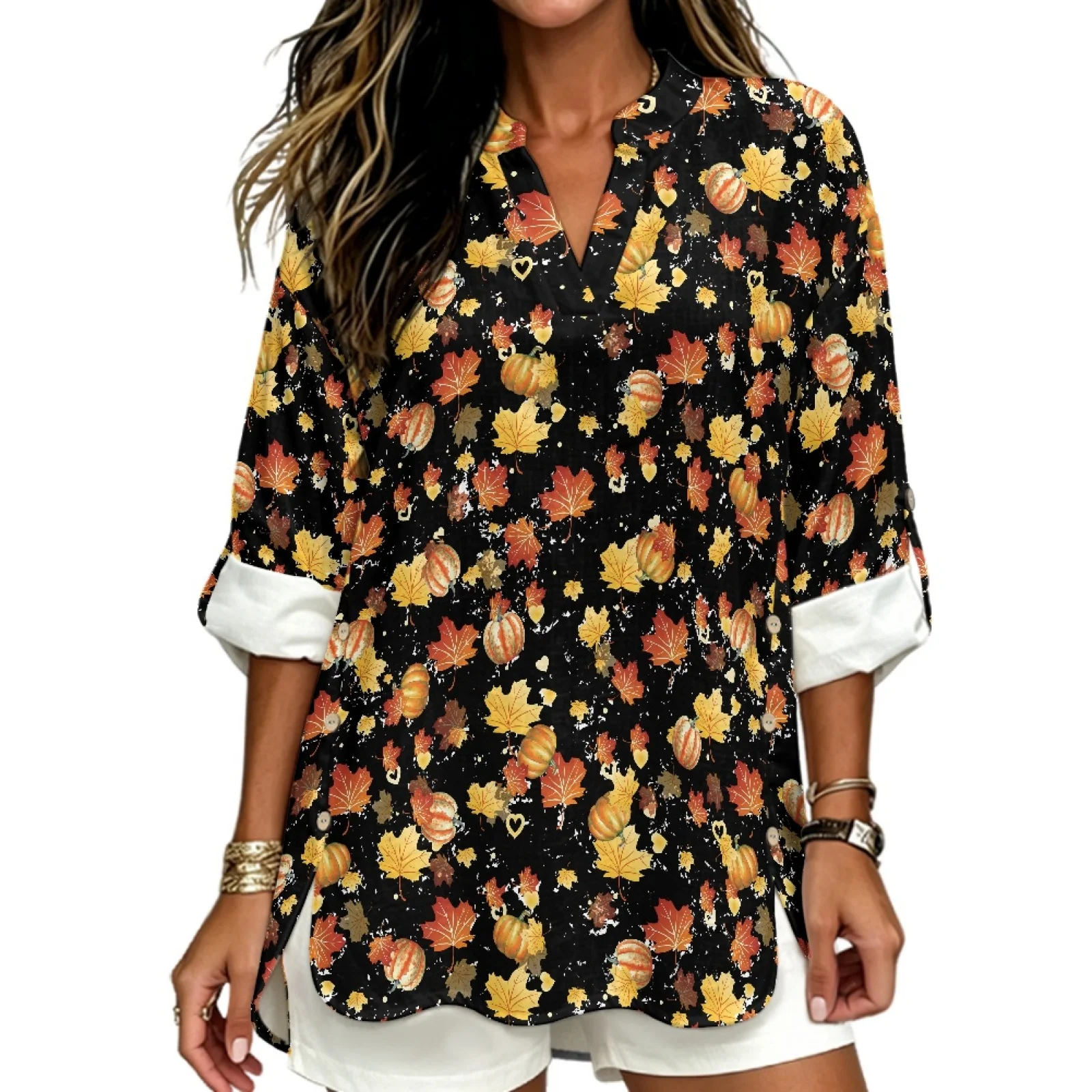 PENSTROLL Loose Linen Style Tunic Tops for Women Rolled Cuffed Long Sleeve Tops for Autumn Maple Leaf Pumpkin