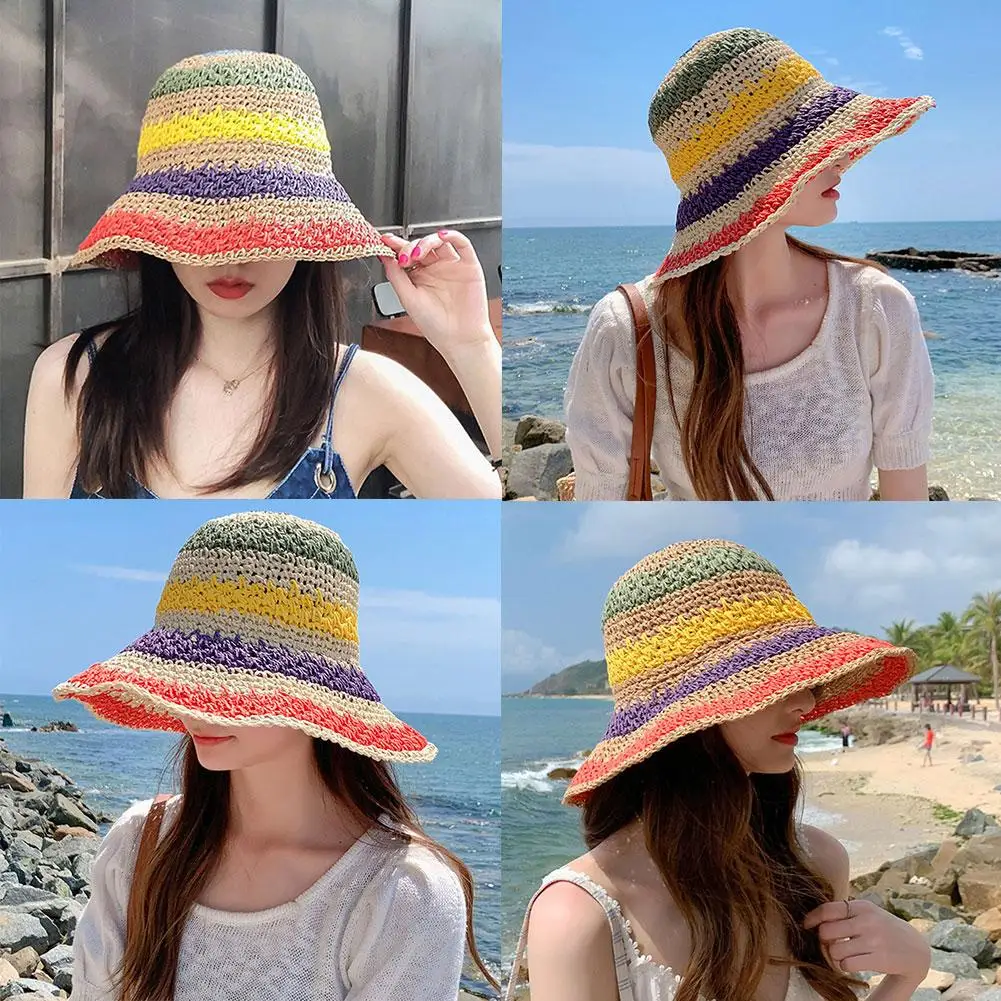 

New Popular Summer Beach Bucket Hat Cap For Women Crochet Straw Rainbow Spring Fish Hat Outdoor Female Lady Gift Wholesales X4S7