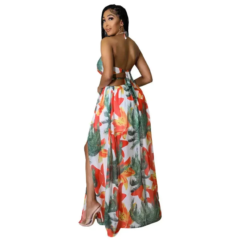 Floral Print Maxi Dress For Women Stylish French Halterneck Summer Dress Mid Length Camisole Dress Elegant High Split Dress