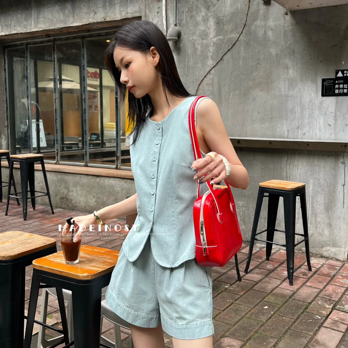 Summer Women Shorts Suit Street Trend Simple Denim Suit Slim Sleeveless Vest Jacket Elastic Waist Short Jeans 2pcs Matching Set