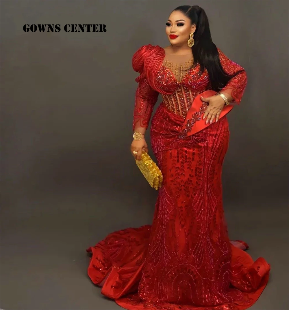 Aso Ebi Red Long Sleeves Mermaid Evening Dress Sparkly Crystals Beads African Wedding Reception Party Gowns Plus Size Customized