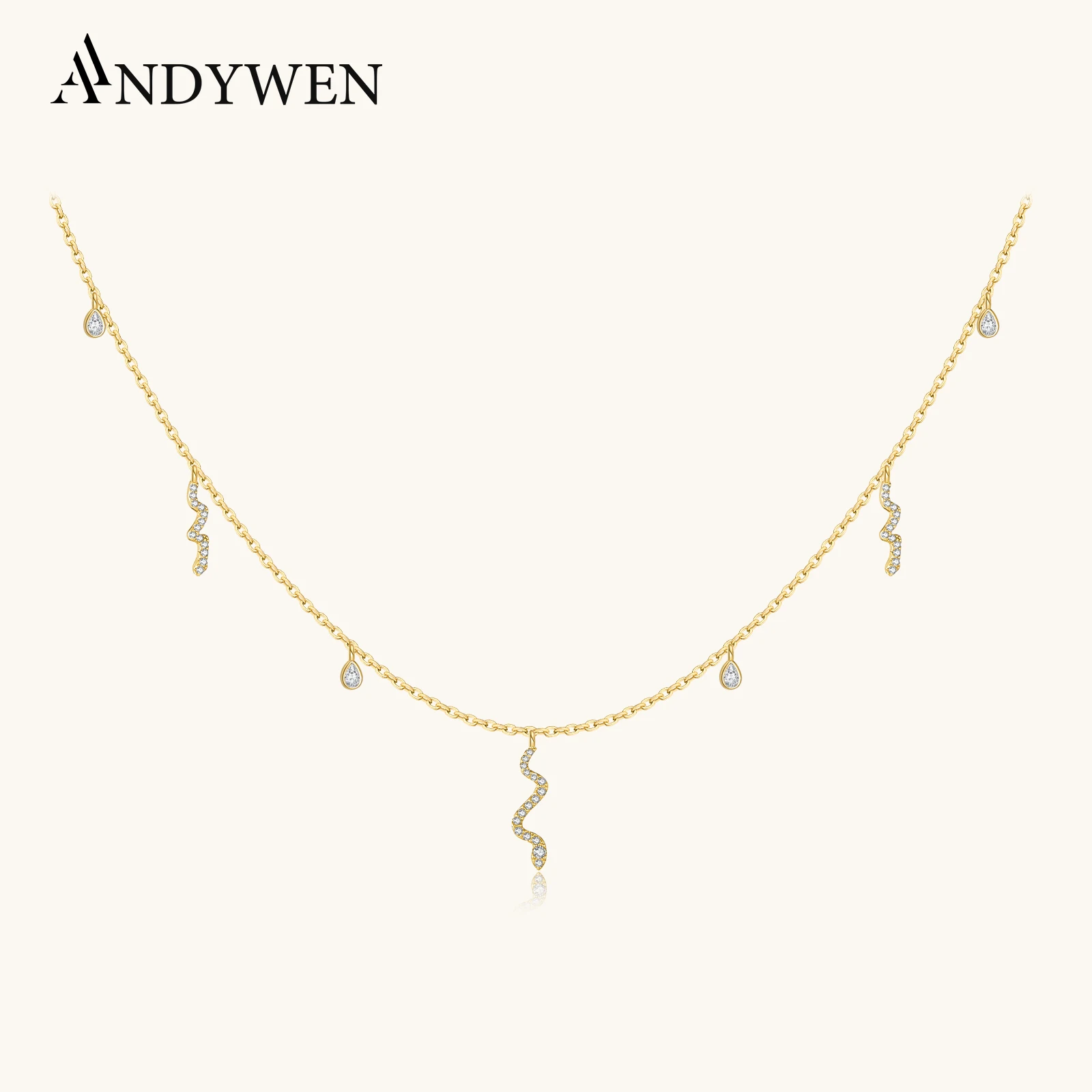 

ANDYWEN 925 Sterling Silver Asymmetric Snake & Teardrop CZ Zircon Necklace Women Fine Elegant Party Daily Jewelry Gift