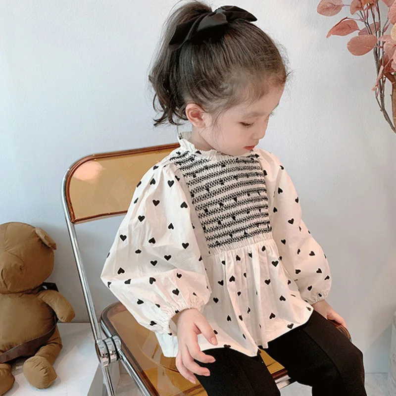 2-8T Toddler Kid Baby Girls Clothes Heart Print Girls Shirt Elegant Long Sleeve Loose Top Blouses Fashion Streetwear Outfit