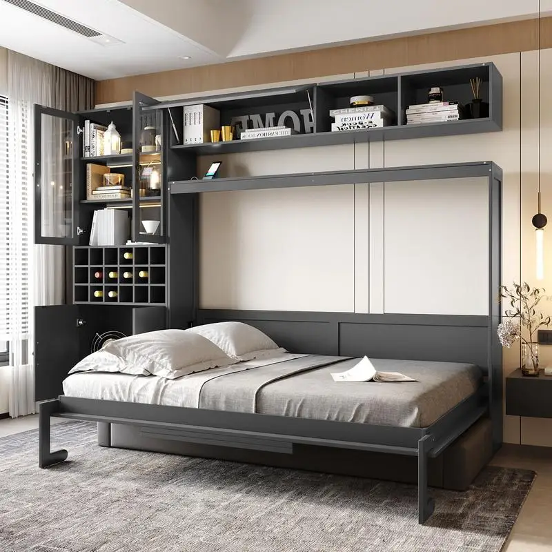 سرير حائط على شكل سرير ميرفي بالحجم الكامل مع أريكة وأرفف ومنافذ USB وإضاءة باللون الرمادي