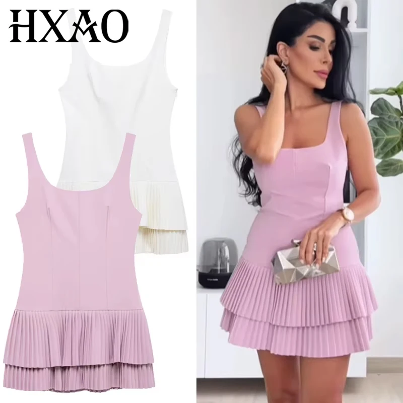 HXAO Plissee-Slip-Kleid für Damen, Sommer, 2022, sexy Mini-weißes rückenfreies Kleid, elegante Partykleider, solide kurze Vestidos 066