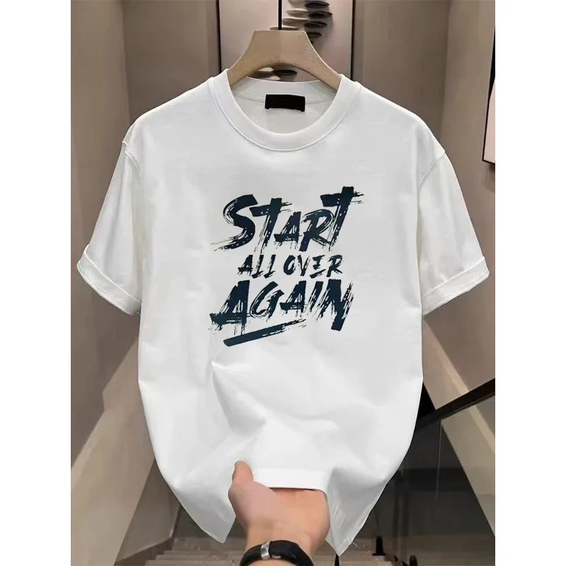 MarsMax Men Casual Start All Over Again Letter Print T-shirt, Short Sleeve Crewneck Streetwear Top, Cotton Blend Comfortable Dai