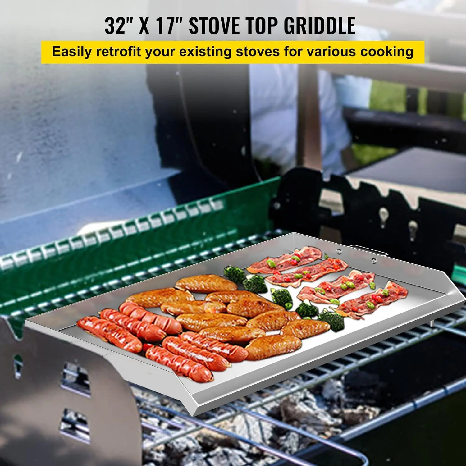 Stainless Steel Griddle,Universal Flat Top Rectangular Plate, BBQ Charcoal/Gas Non-Stick Grill with 2 Handles and Grease Groove