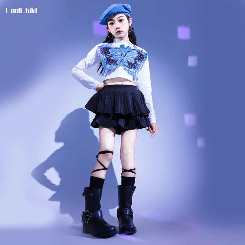 Girls Hip Hop Crop Top Sweet Butterfly Vest Layered Skirts Kids Streetwear Children Jazz Street Dance Cheerleader Clothes Sets