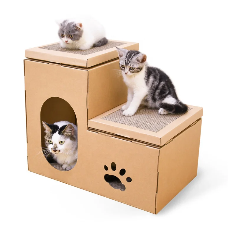 

Multi-Level Corrugated Cardboard Cat House with Scratcher Pad Farmhouse Style Cat Bed Cave Hideout
