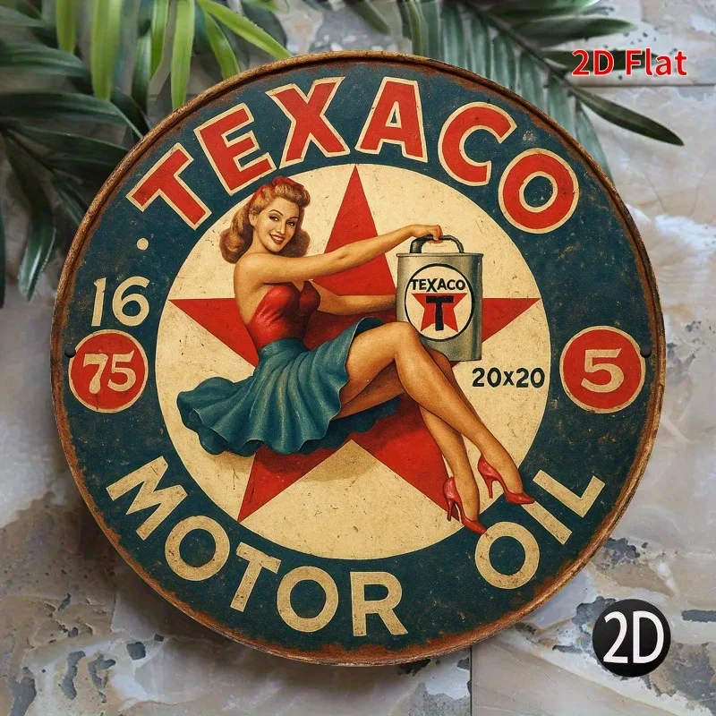 [2D Flat] 1 pieza Vintage Texas Oil Metal Wall Art - Decoración de hierro impresa plana 2D con estrella roja y diseño "TEXACO", resistente al agua y al óxido