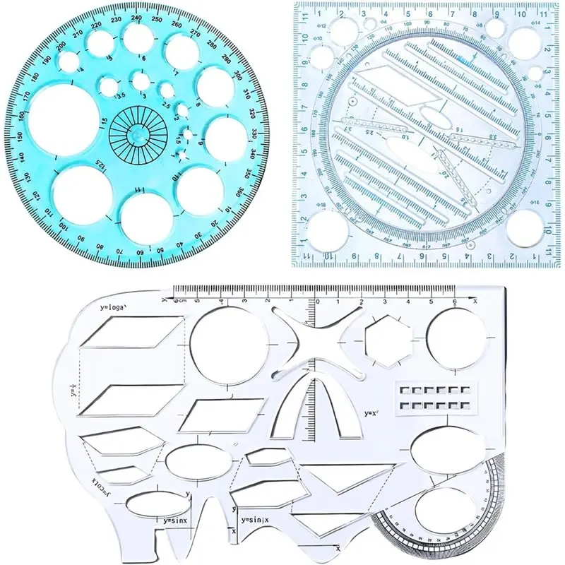 

Набор из 3 геометрических шаблонов для черчения: шаблон для кругов и трафареты для чертежей для студентов, линейка для школьной архитектурной подготовки