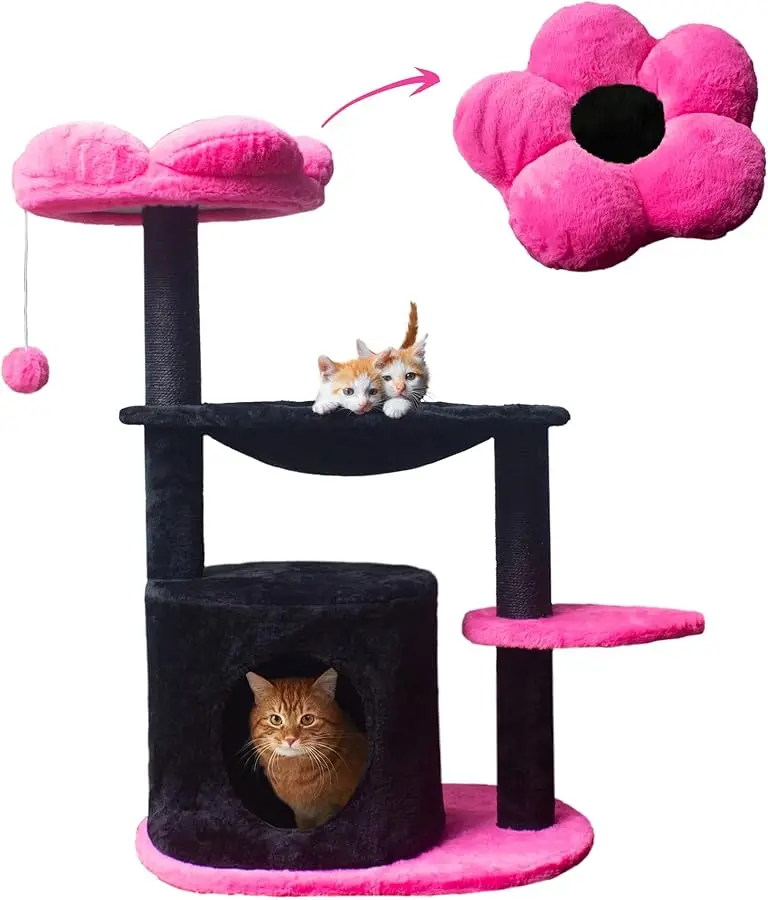 

Cat Tree 33" Black Pink Flower Cat Tower for Indoor Cats, Scratching Post with Comfy Hammock, Cat Condo for Kittens Adult Cats,